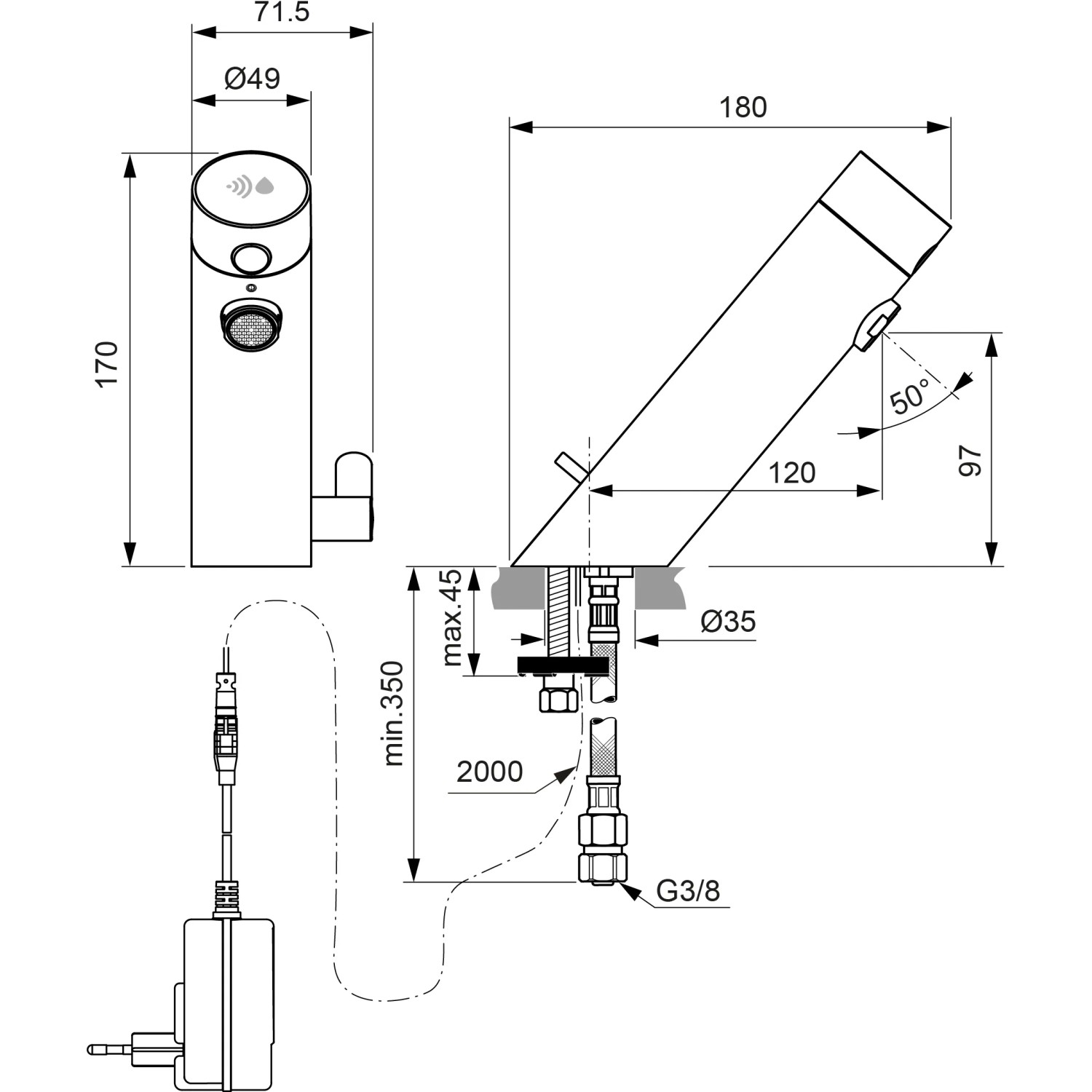 Technische Zeichnung: Ideal Standard Sensorflow Waschtischarmatur mit Netzteil, Chrom, Maße und Anschlüsse.