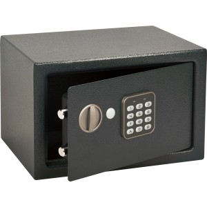 Elektronischer Möbeltresor in Dunkelgrau, mit geöffneter Tür und Zahlenschloss.