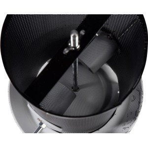 Detailaufnahme des weißen/schwarzen Metall-Futterspenders "Fold" für Körnerfutter.