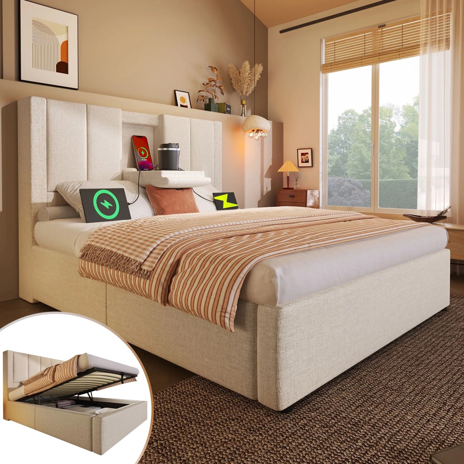 okwish Polsterbett 90x200cm mit Becherhalter Kinderzimmer Beige ohne Matratze_2