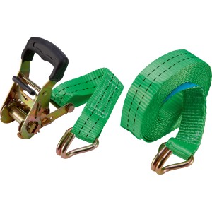 Grüner Zurrgurt mit Ratsche und Haken, zweiteilig, 3,8 cm x 600 cm, für sicheren Transport.