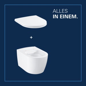 Grohe Keramik-Wand-WC-Set Start Round. Weißes, randloses Wand-WC und passender SoftClose-Sitz, einzeln auf blauem Grund.
