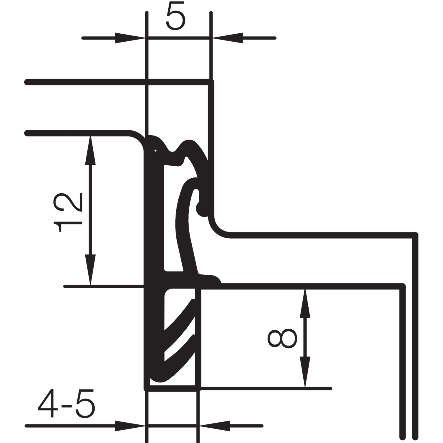 Schnittzeichnung Primo Dichtung Lignum F 45, schwarz, für Holzfenster und Türen, 4-5mm x 6m.