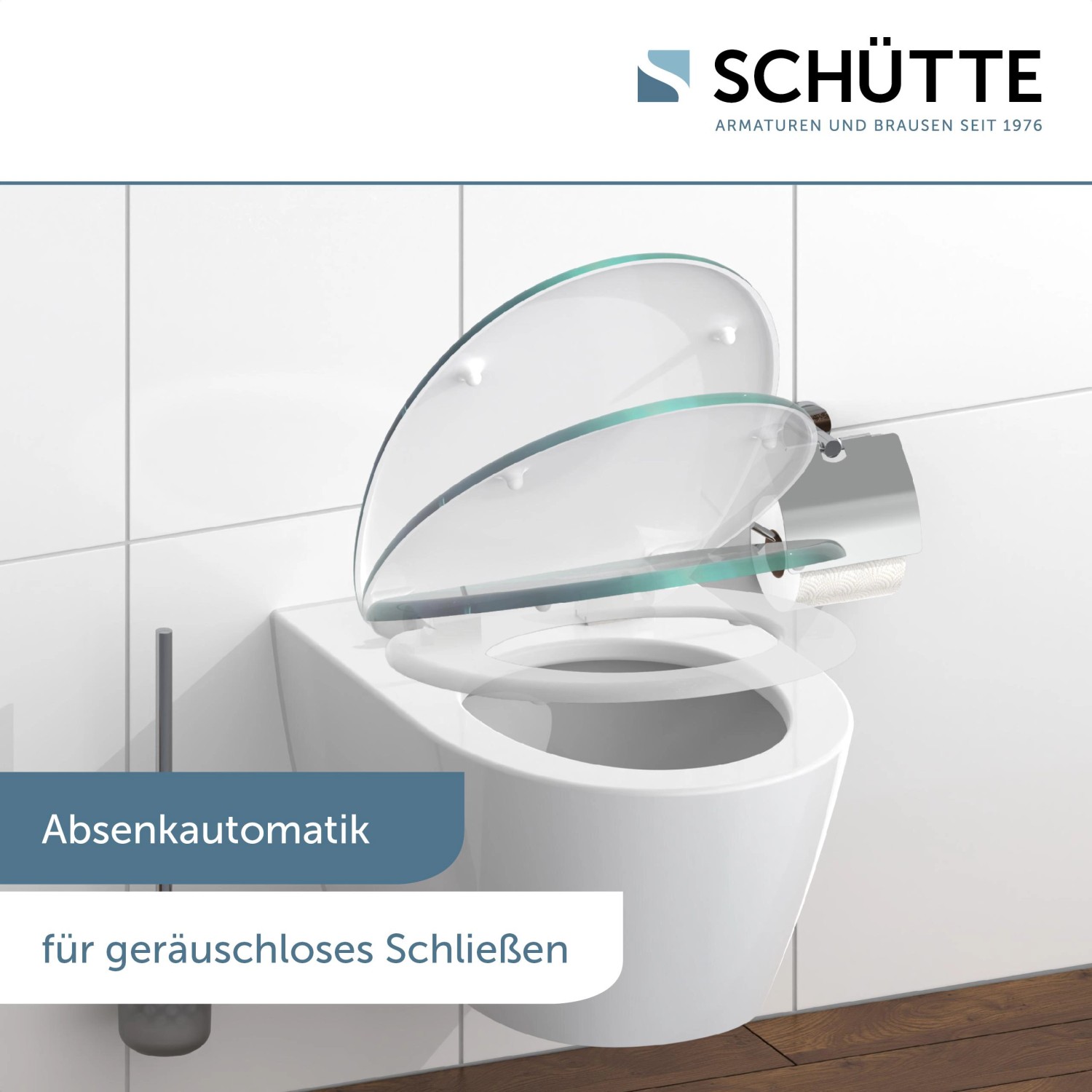 Schütte WC-Sitz Fallen Leaf Duroplast mit Absenkautomatik auf einem WC-Becken.