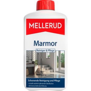 Flasche Mellerud Marmor Reiniger & Pflege 1L für glänzende Marmoroberflächen.