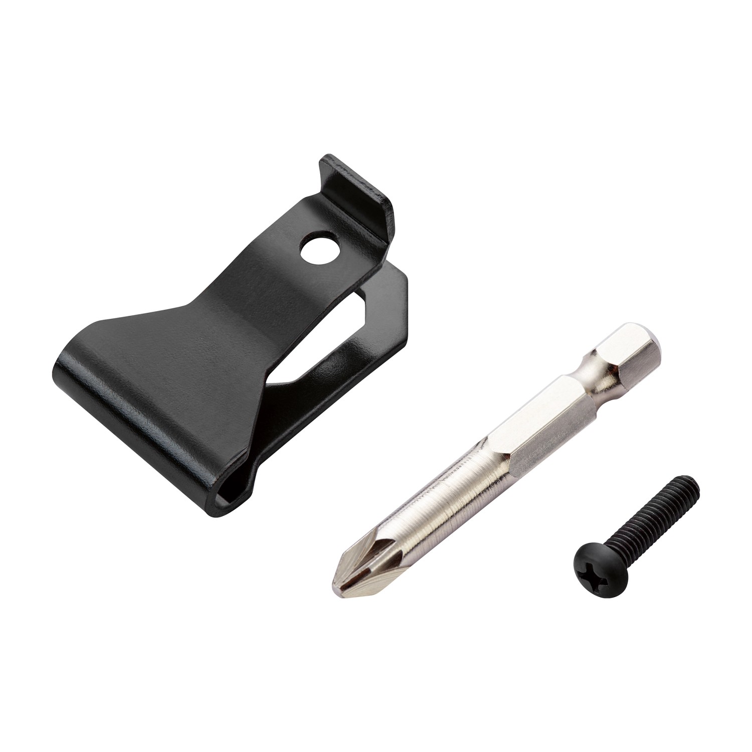 Zubehör für LUX Akku-Bohrschrauber: Gürtelclip, Schraube und Bit.