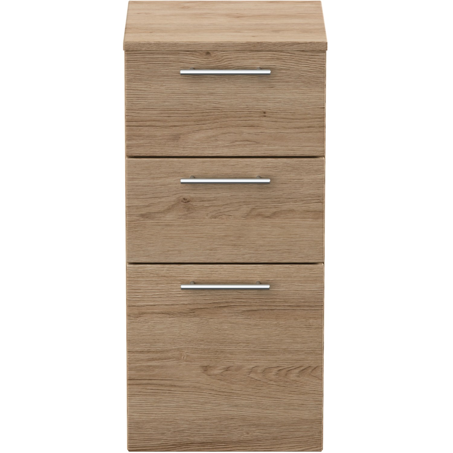 Posseik Bad-Hängeschrank Rima, Eiche hell, 40 cm breit, mit drei Schubladen und silbernen Griffen.