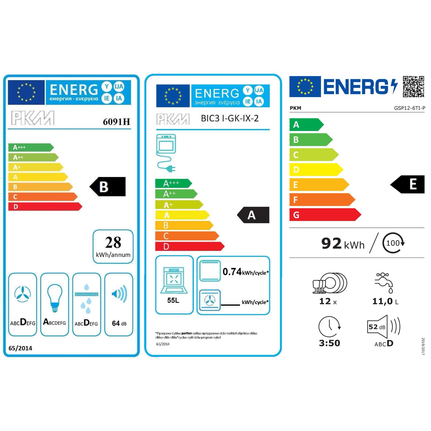 Energieeffizienzlabel für PKM Backofen und Geschirrspüler: Übersichtliche Verbrauchswerte.