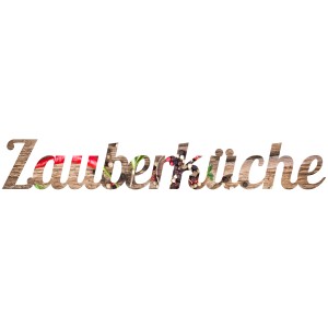Wandtattoo Zauberküche, 25x70 cm, Schriftzug mit Gewürzen und Holzhintergrund.