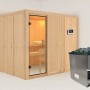 Karibu Sauna Gunda mit Ofen und externer Steuerung, aus hellem Holz mit Glastür.