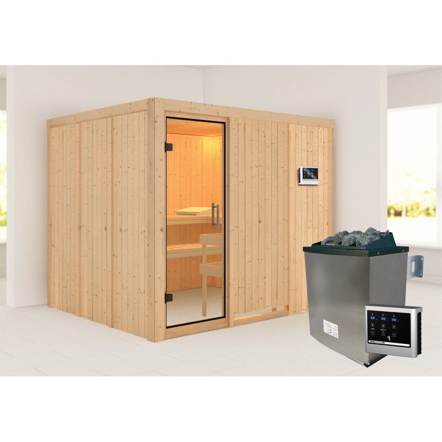 Karibu Sauna Gunda mit Ofen und externer Steuerung, aus hellem Holz mit Glastür.