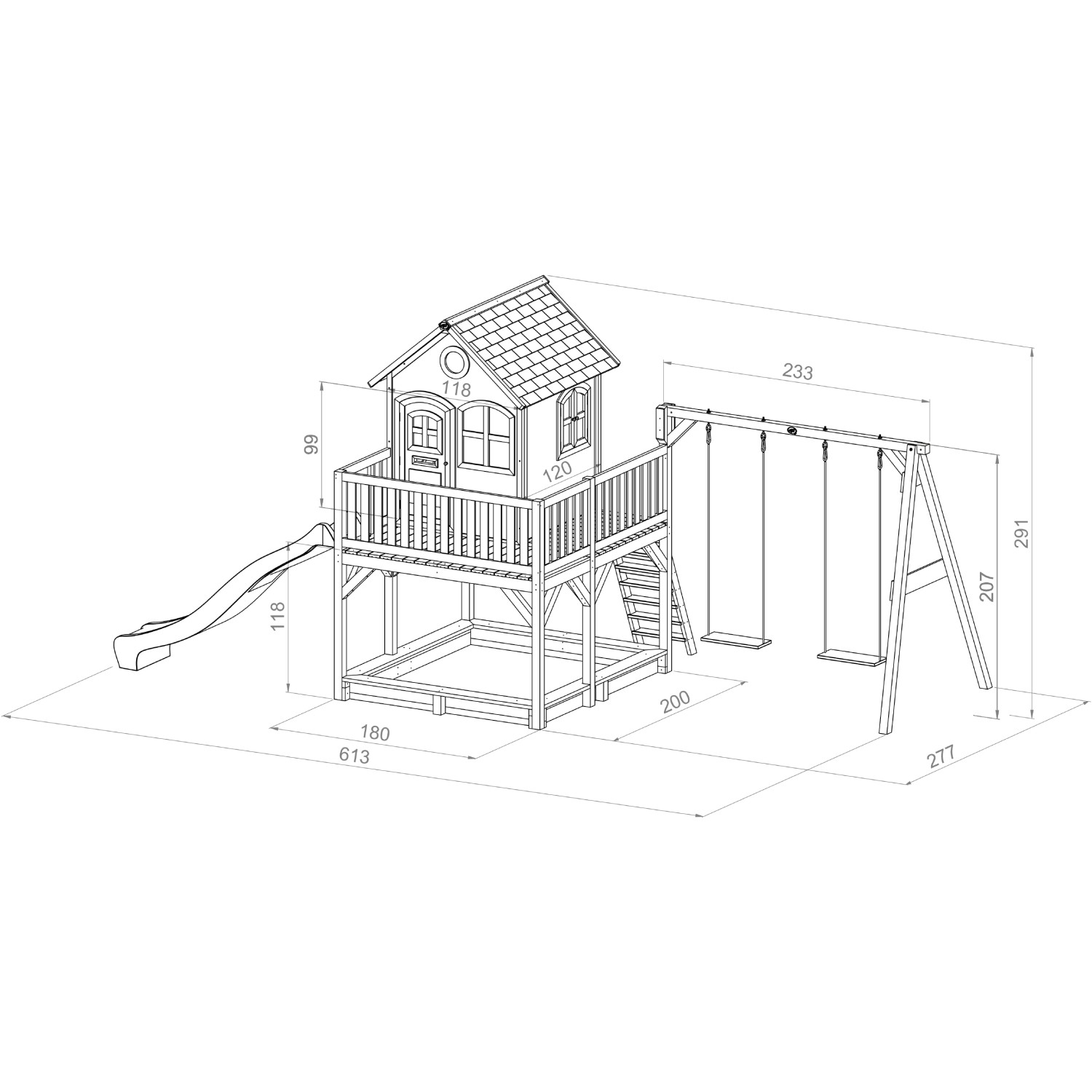 Axi Liam Spielhaus mit Doppelschaukel, braun-weiß, mit Maßen. Ideal für Kinder zum Spielen und Toben.