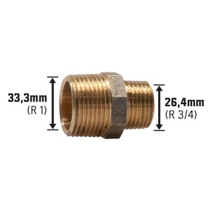 Gewinde-Reduziernippel aus Rotguss, 26,4 mm (R 3/4) x 33,3 mm (R 1) für Gewindefittings.