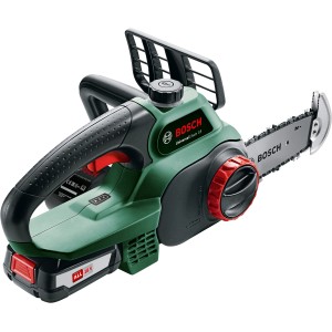 Bosch Akku-Kettensäge UniversalChain 18V mit Akku, grün/schwarz, für Gartenarbeiten.