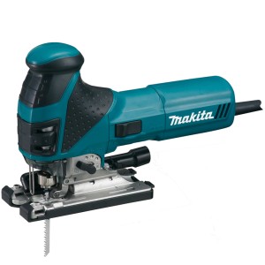 Makita Pendelhub-Stichsäge 4351CTJ (720 W) in Türkis und Schwarz, seitliche Ansicht.