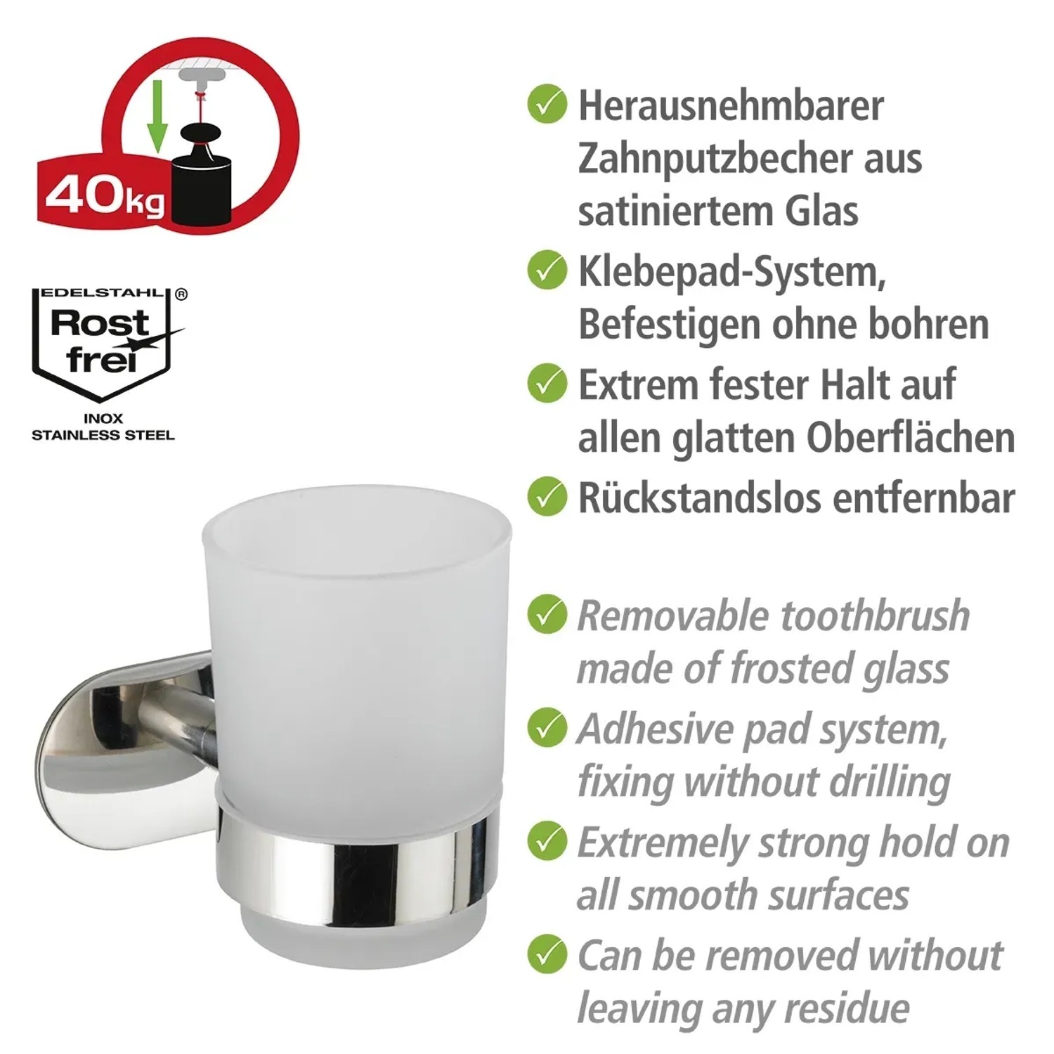 Wenko Zahnputzbecherhalter Uno Orea Shine: Edelstahl Halter mit satiniertem Glasbecher.