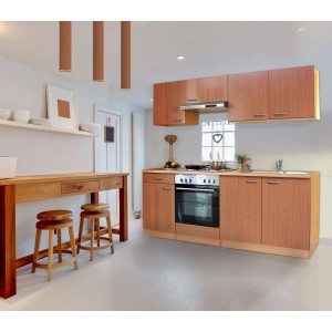 Respekta Küchenzeile KB210BBE, 210 cm, Buche Nachbildung mit E-Geräten und Spüle.