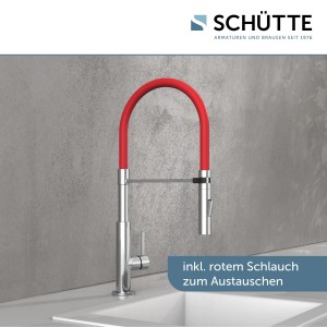 Schütte Spültischarmatur Stilo Chrom-Schwarz mit rotem Soft-Touch Schlauch.