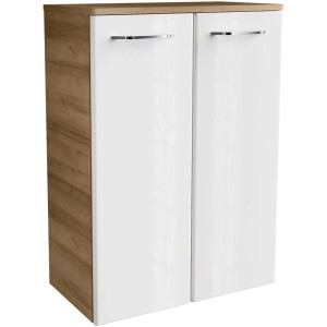 Fackelmann Bad-Hängeschrank Milano Asteiche, 61 cm breit, mit weißen Hochglanz-Türen und silbernen Griffen.