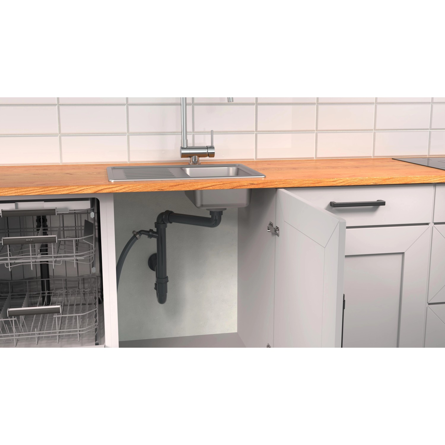 Kirchhoff Raumspar Siphon für Küchenspüle mit Geräteanschluss unter Spülbecken.