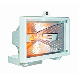 Weißer Halogenstrahler HL400W für den Außenbereich, Alugehäuse mit Glasabdeckung.