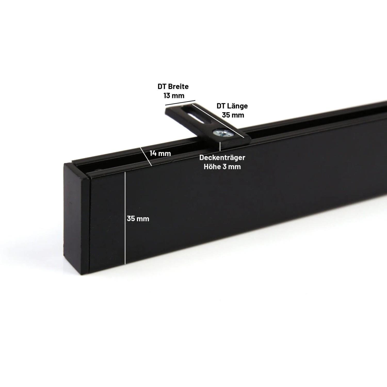 Schwarze 1-lauf Gardinenschiene aus Aluminium mit Deckenträger. Maße der Schiene und des Trägers für moderne Vorhänge.