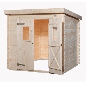 OBI Holz-Gartenhaus Cortina, 200x200 cm, mit Doppeltür und Pultdach. Gartenhaus aus Nadelholz.