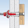 Illustration: Fischer Duopower Dübel 8x65 mit Schraube im Einsatz in verschiedenen Baustoffen.