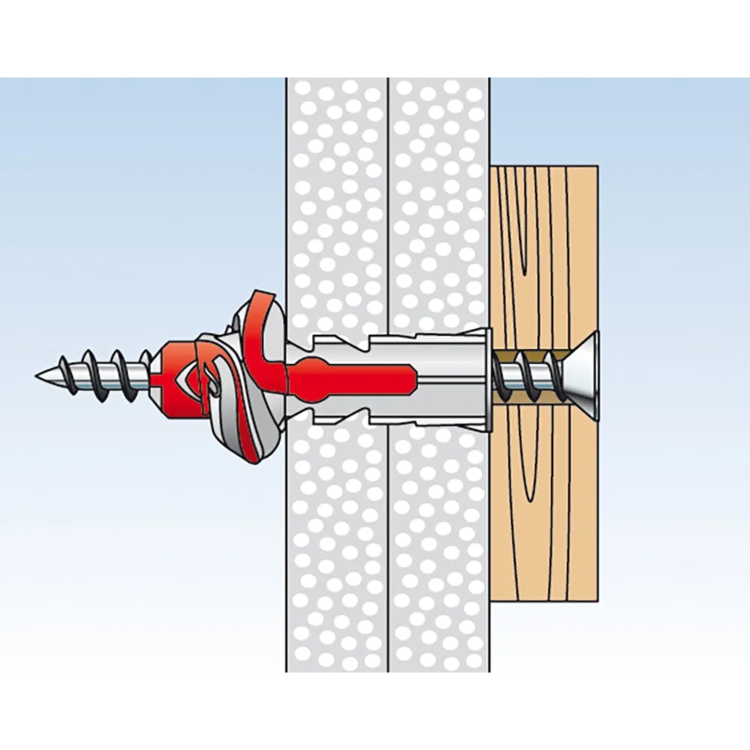 Illustration: Fischer Duopower Dübel 8x65 mit Schraube im Einsatz in verschiedenen Baustoffen.
