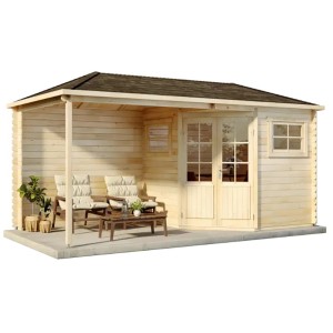 Alpholz Gartenhaus Franz-28 mit Walmdach, imprägniert, 480x224 cm. Holz-Gartenhaus mit Terrasse und Gartenmöbel.