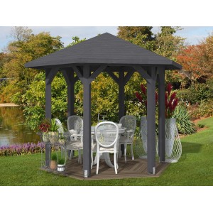 Schiefergrauer Skan Holz Pavillon Nancy 1 aus Leimholz mit Tisch und Stühlen im Garten.