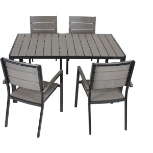 Graue 5-teilige Sitzgruppe Olivia für den Garten: Tisch mit vier Stühlen aus Nonwood und Aluminium.
