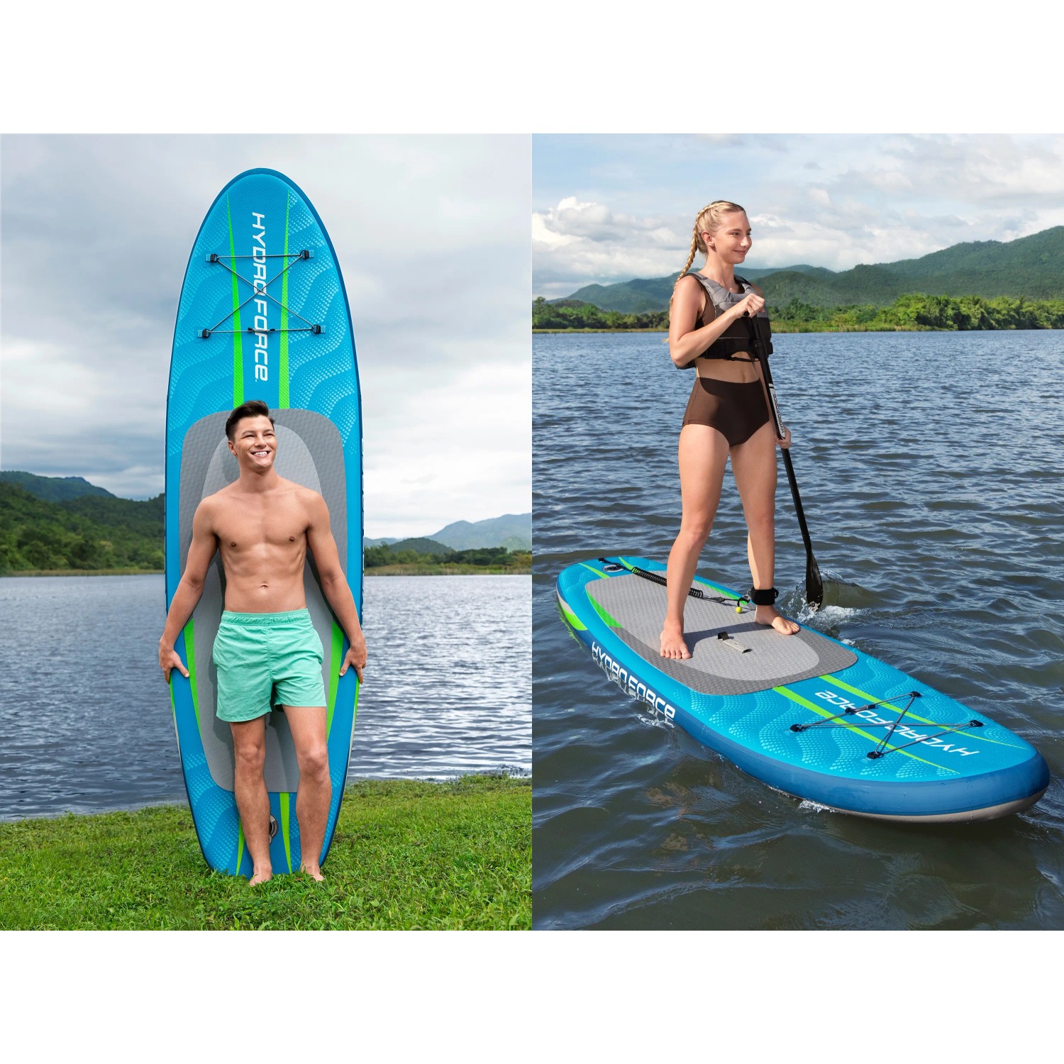 Bestway SUP Board Aqua Journey Set, blau/grün, mit Paddel und Person auf dem Wasser.