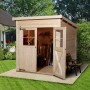Unbehandeltes Holz-Gartenhaus mit Pultdach, 200x198 cm, mit geöffneter Doppeltür im Garten.