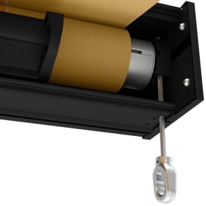 Detailaufnahme Kassettenmarkise Tajo, anthrazitfarbene Kassette, gelb-orange gestreiftes Tuch, Handkurbel.