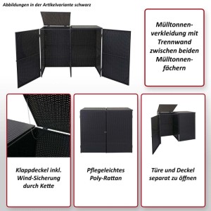Schwarze Mülltonnenverkleidung für zwei 120-Liter-Tonnen aus Polyrattan mit Trennwand.