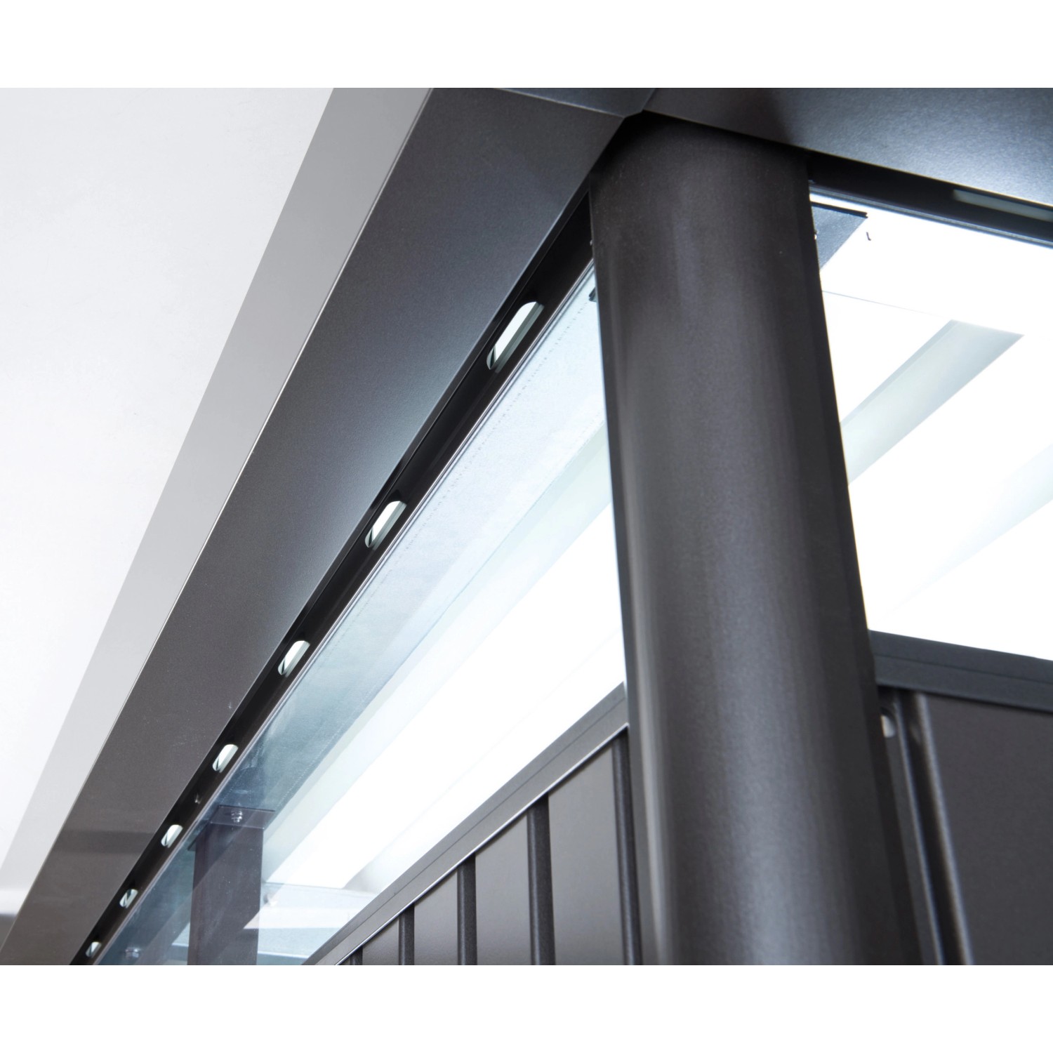 Detailansicht: Biohort HighLine Gerätehaus in Quarzgrau-Metallic, Fokus auf Fenster und Rahmen.