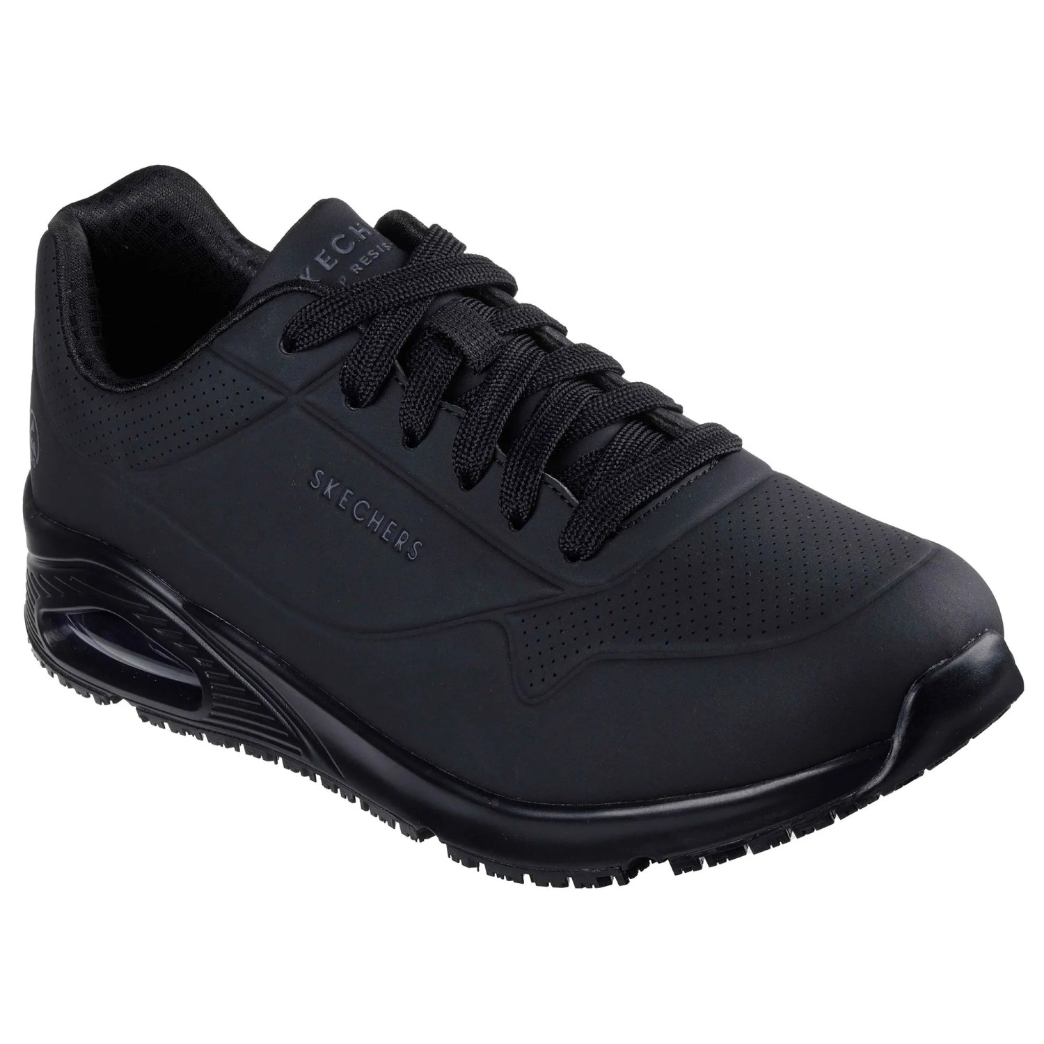 Schwarzer Skechers Sutal Uno SR Herren Arbeitsschuh mit Schnürung, sichtbarer Dämpfung und rutschfester Sohle.