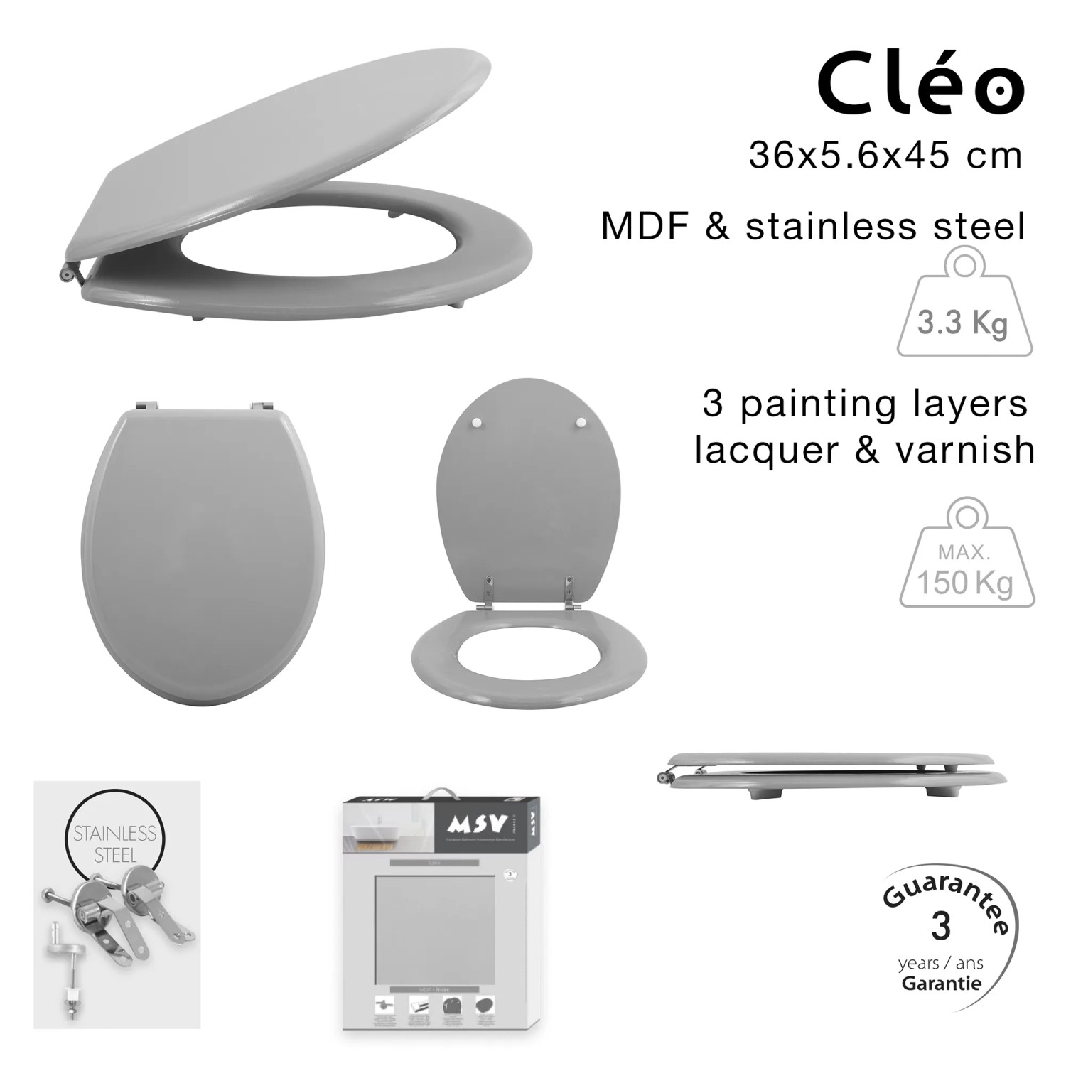 MSV WC-Sitz Cleo, MDF, weiß, mit Edelstahl-Scharnieren, 45x37x5,6 cm. Für ein stilvolles Badezimmer.