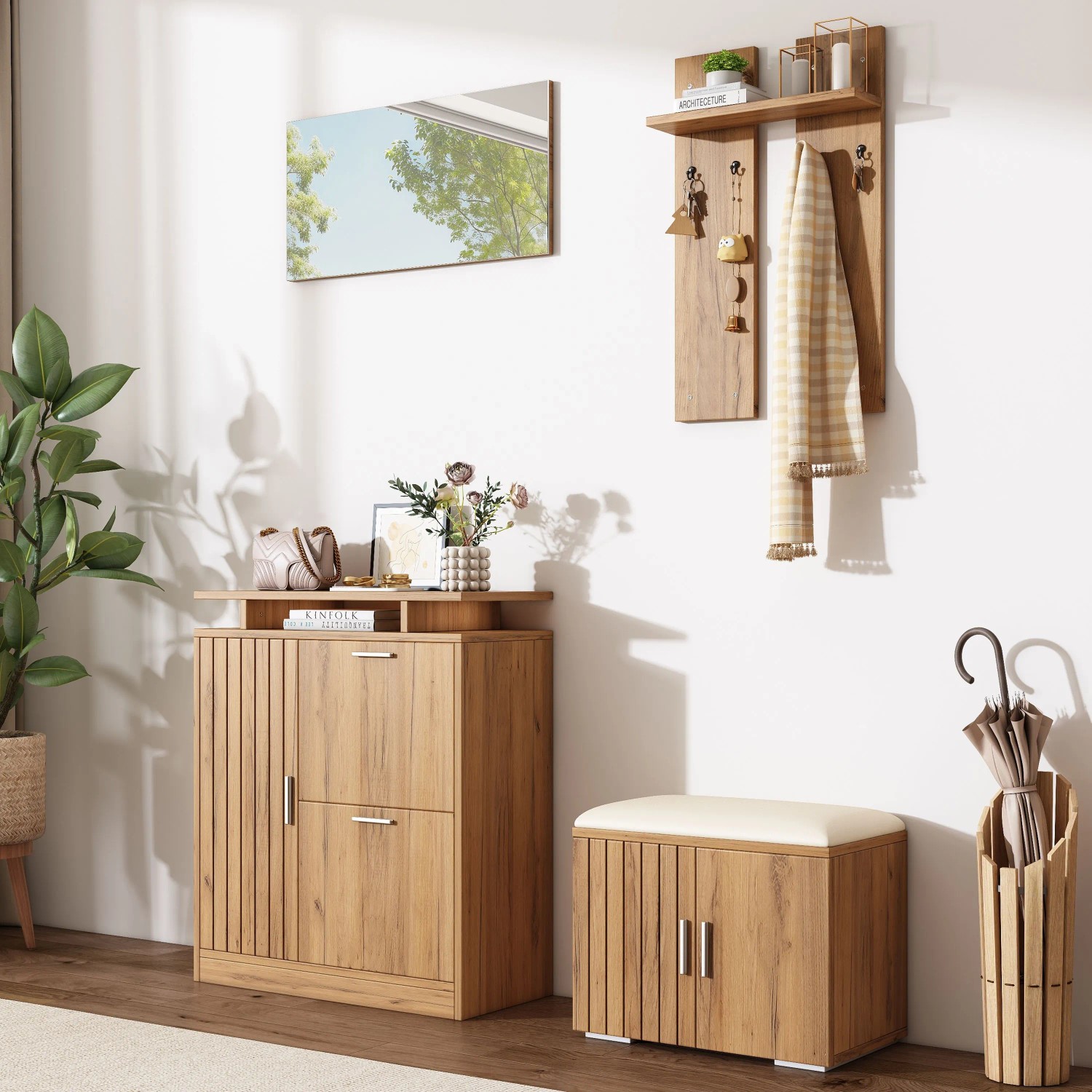okwish Garderobenset mit Spiegel Schuhbank Haken Flur 140x35x133cm Natur_4
