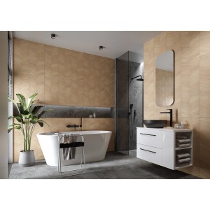 Badezimmer mit Wandfliese Holzoptik in hellem Beige, 89x29 cm. Elegante, moderne Atmosphäre.