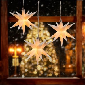 HGD LED-Sternenhänger, 3 weiße Sterne (Ø 12cm) für den Außenbereich, leuchtend vor Fenster.