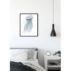 Komar Wandbild Jellyfish Watercolor, 40x50 cm, im Schlafzimmer. Aquarell-Qualle im Rahmen.