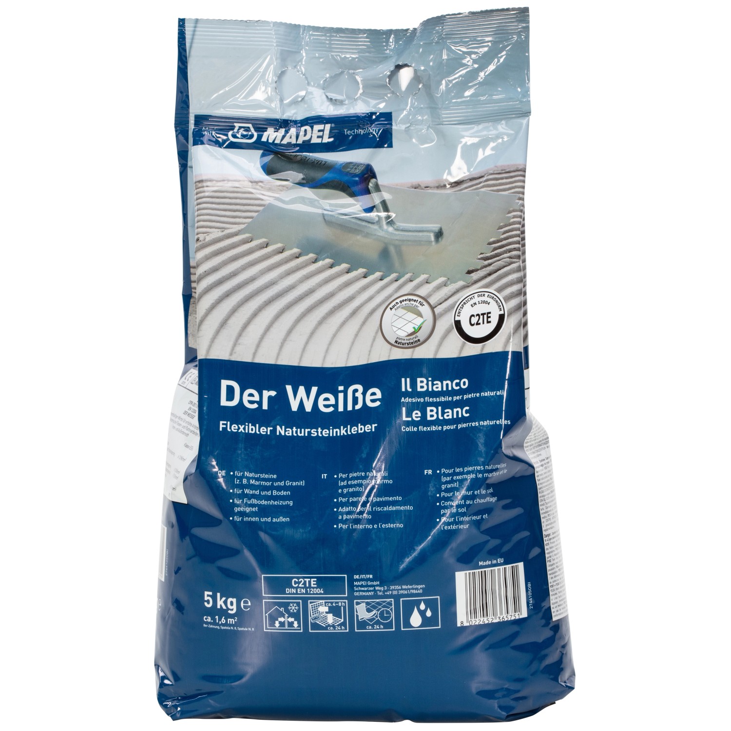 Mapei Natursteinmörtel C2TE 5kg Sack, weißer flexibler Fliesenkleber für Naturstein.