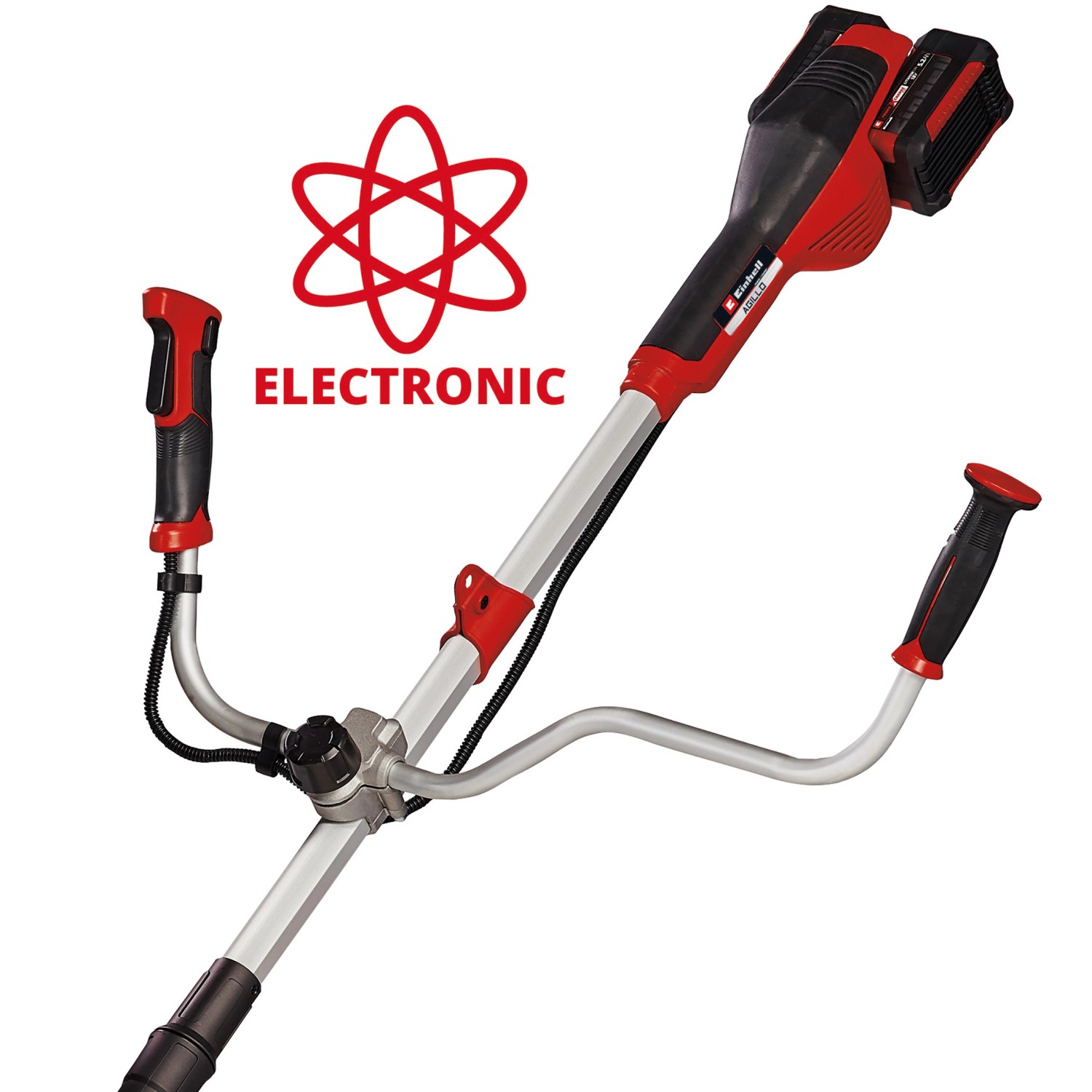 Einhell Akku-Sense Agillo Power X-Change Solo, Akku-Trimmer in Rot/Silber mit Bike-Handle.