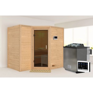 Karibu Sauna Steena 2 mit Bio-Ofen und externer Steuerung in Graphit Natur. Massivholzsauna mit Glastür.