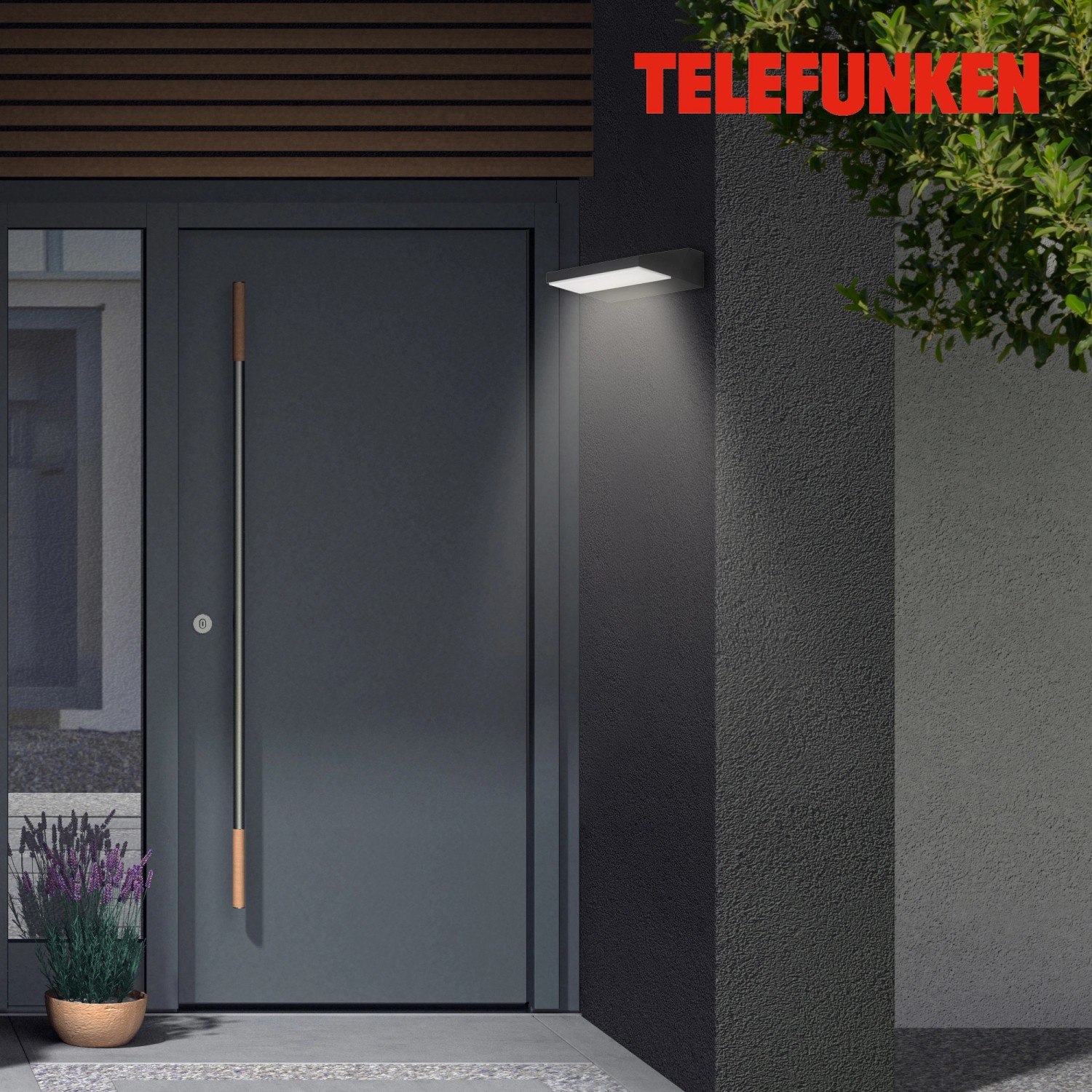 Moderne Telefunken LED-Außenleuchte Bergen, schwarz, 10W an Hauswand.