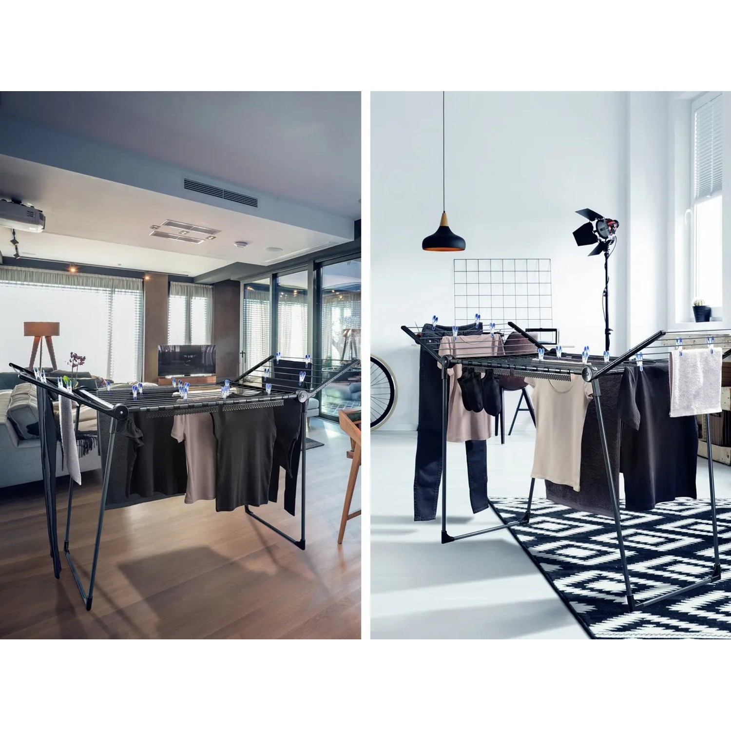 Leifheit Standtrockner Pegasus 180 in Schwarz-Anthrazit mit Wäsche in zwei Wohnräumen.