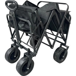 Faltbarer, schwarzer Bollerwagen mit Stahlgestell für Camping und Outdoor-Aktivitäten.