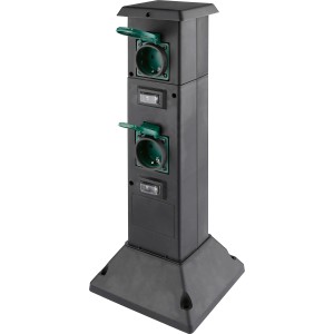 Schwarze 2-fach Außensteckdose mit Erdspieß für den Garten.